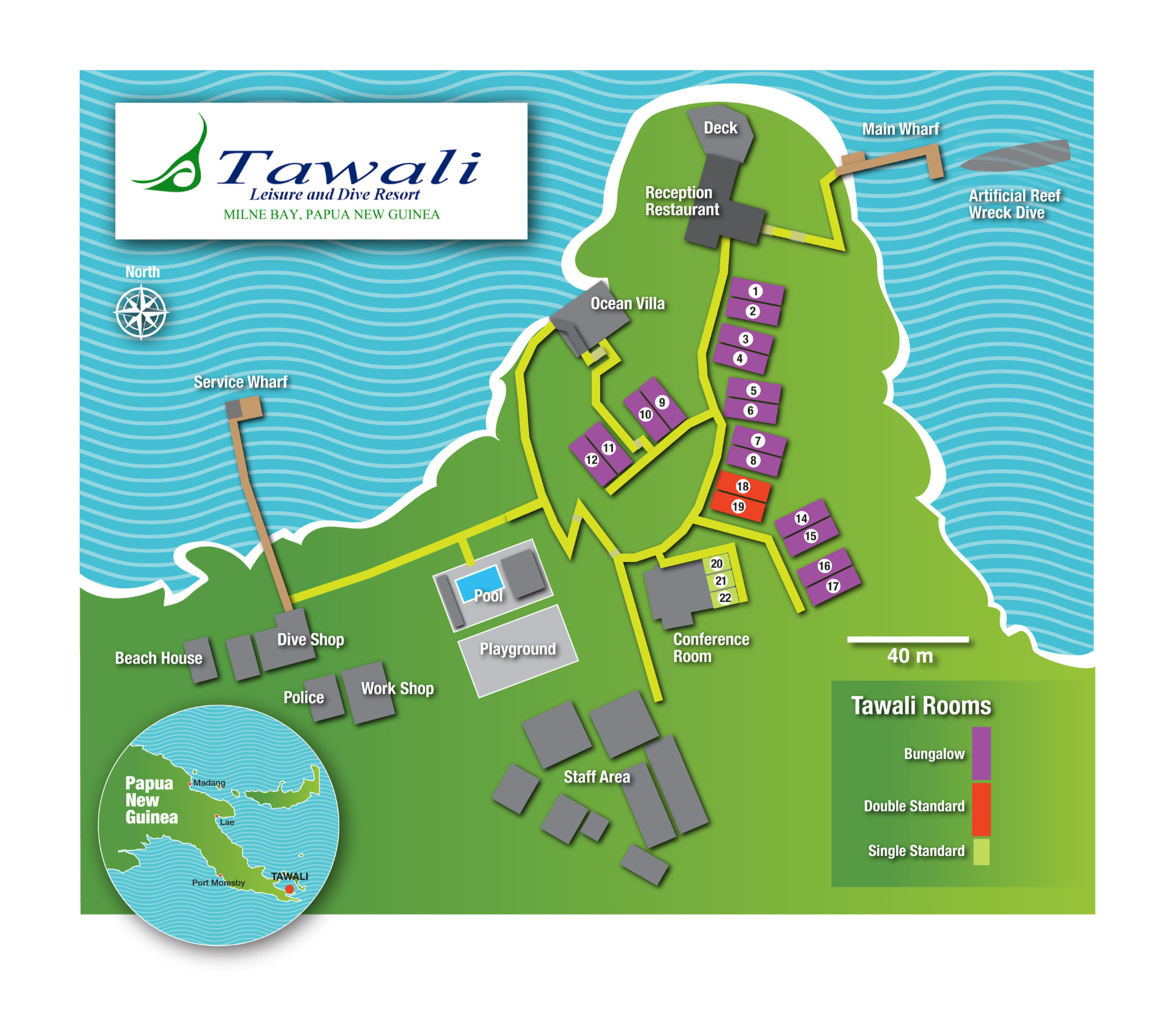 Illustrated map of Tawali Resort showing bungalows, reception, dive shop, pool and wharves