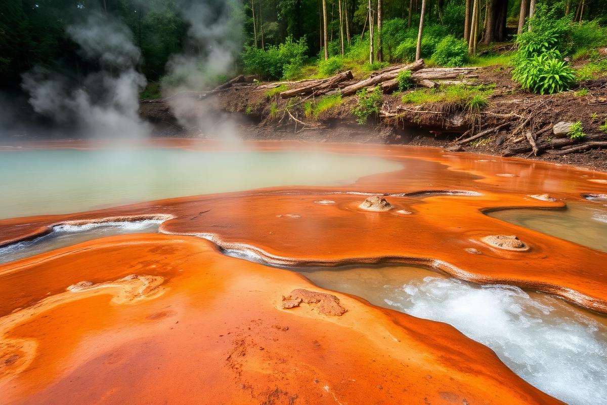 Steaming geothermal hot springs with mineral-coloured earth