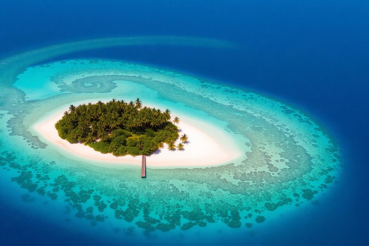 Aerial view of an uninhabited island ringed by white sand and reef