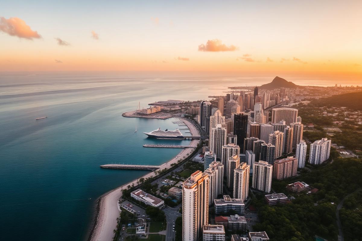 Aerial view of a tropical capital city harbour at golden hour