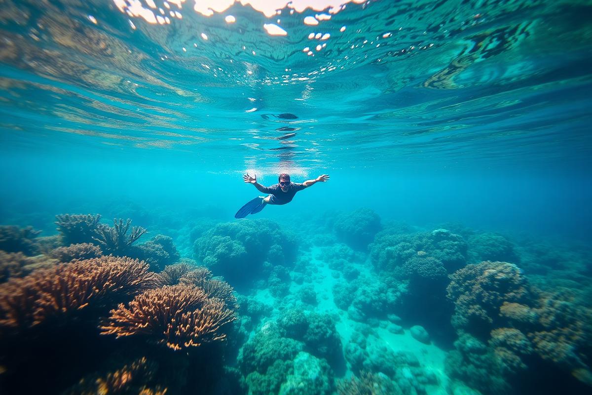 Snorkeller gliding above a bright tropical coral garden
